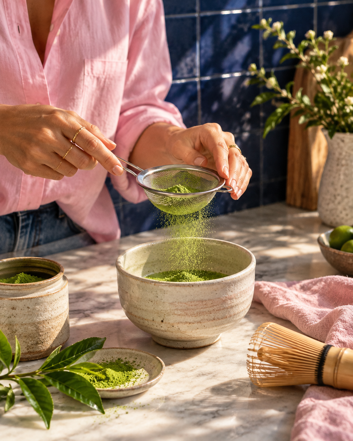 Woman enjoying matcha in a sunlit room