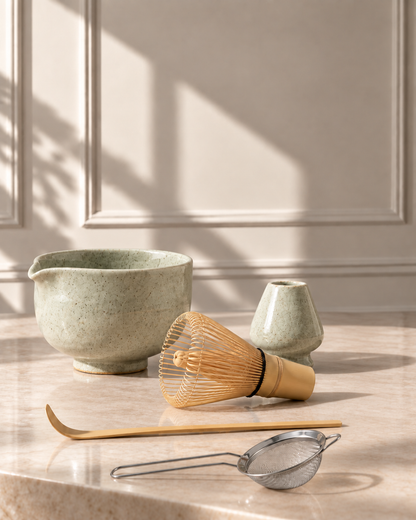 Mori Matcha Essentials Kit with spouted ceramic bowl, bamboo whisk, whisk stand, spoon and sieve