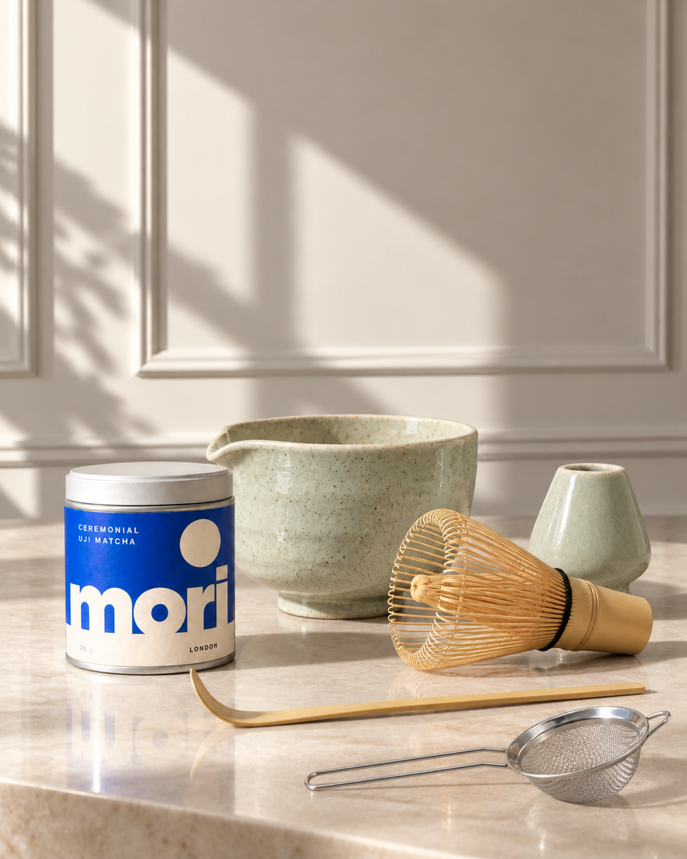 Mori Matcha Gift Set with matcha tin, spouted ceramic bowl, bamboo whisk, whisk stand, spoon and sieve